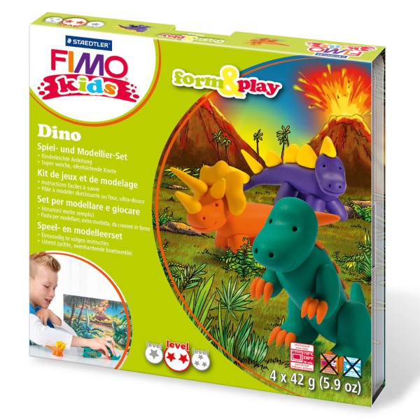 Coffret Fimo Kids, dinosaures, 4 pains à modeler et accessoires, kit créatif enfant - Photo n°1