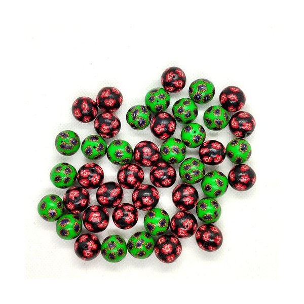 Lot de 43 perles en polymere à fleurs vert / noir - 14mm - bri487 - Photo n°1