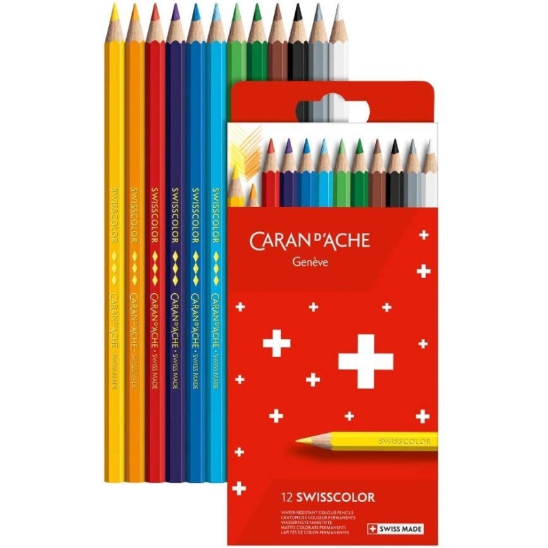 Caran d'Ache Swisscolor Étui en métal avec 12 crayons de couleur résistants à l'eau 