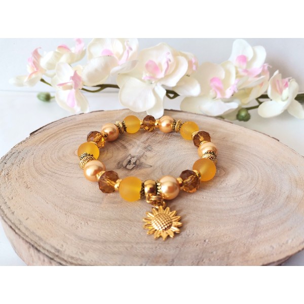 Kit bracelet fil élastique perles en verre jaune et ambre - Photo n°2