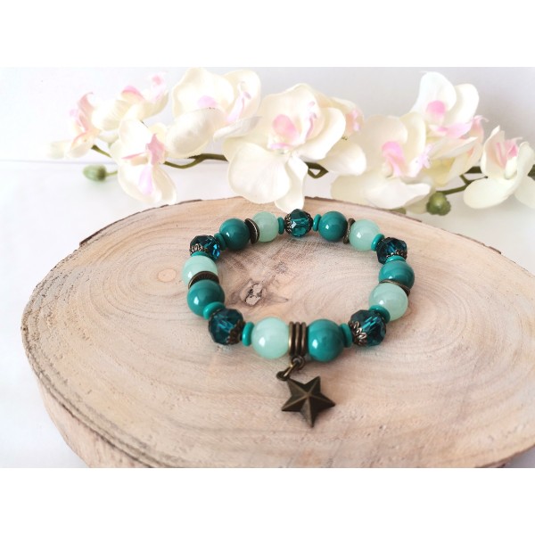 Kit bracelet fil élastique perles en verre verte et turquoise - Photo n°2