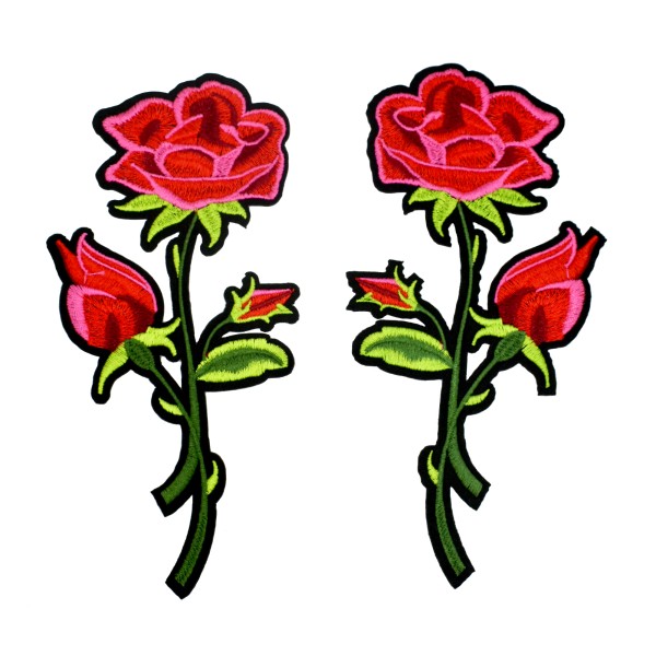 Paire de roses brodées, écussons thermocollants fleurs roses, 17,5 cm - Photo n°1