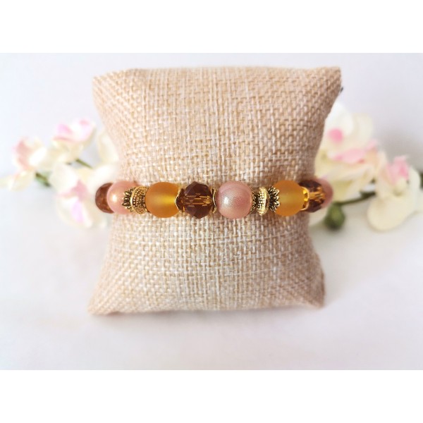 Kit bracelet fil élastique perles en verre moutarde, ambre et saumon - Photo n°3