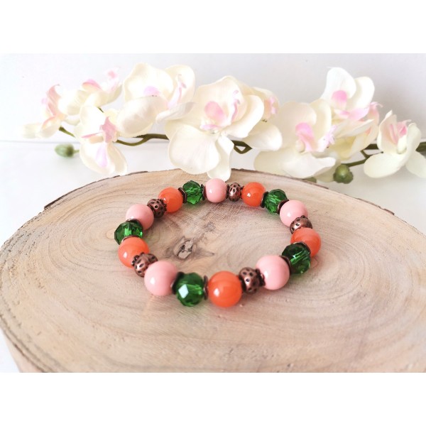 Kit bracelet fil élastique perles en verre vert, orange et rose - Photo n°2