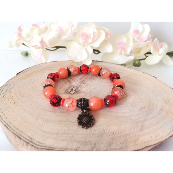 Kit bracelet fil élastique perles en verre orange et rouge - Photo n°2
