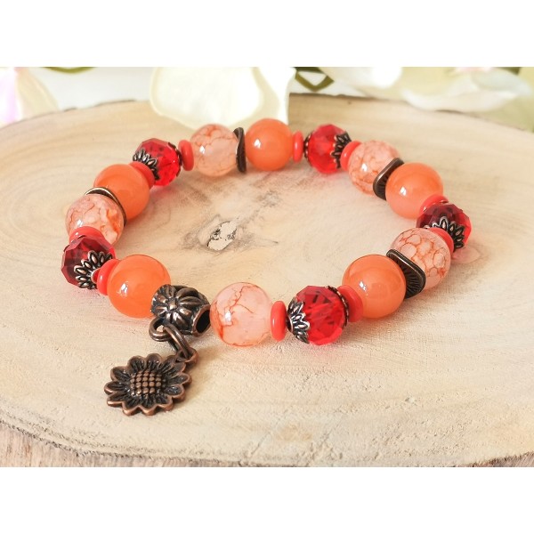 Kit bracelet fil élastique perles en verre orange et rouge - Photo n°1