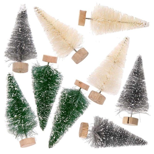 9 petits sapins de Noël décoratifs 7 cm - vert-gris-blanc - Photo n°1