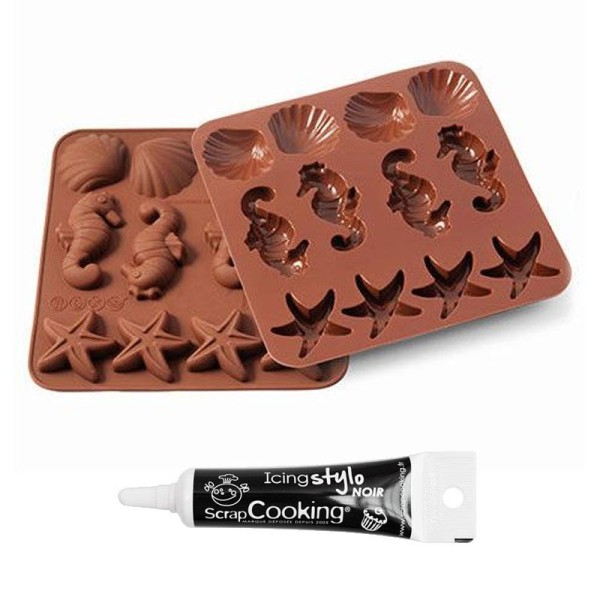Moule silicone chocolats Vie sous-marine + Stylo de glaçage noir