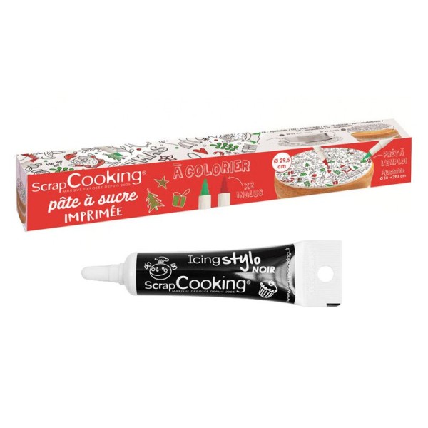 Pâte à sucre en rouleau à colorier Noël 150 g + Stylo de glaçage noir - Photo n°1