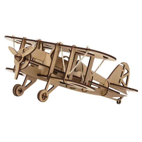 Maquette 3D en bois MDF - Avion biplan - 30 x 26 cm - Maquettes
