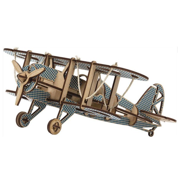 Maquette 3D en bois MDF - Avion biplan bleu - 30 x 26 cm - Photo n°1