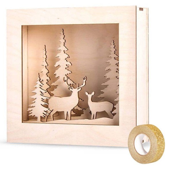 Kit cadre bois forêt de Noël 20 x 20 cm + masking tape doré à paillettes 5 m - Photo n°1