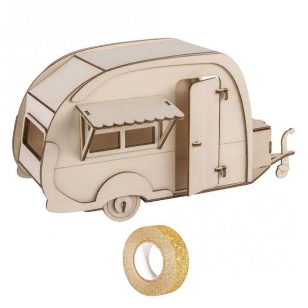 Maquette bois 3D à décorer Caravane 36 x 18 cm + masking tape doré à paillettes 5 m - Photo n°1