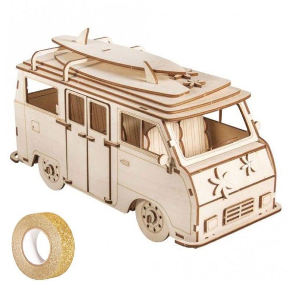 Maquette bois 3D à décorer Camping car 30 x 13 x 17 cm + masking tape doré à paillettes 5 m - Photo n°1