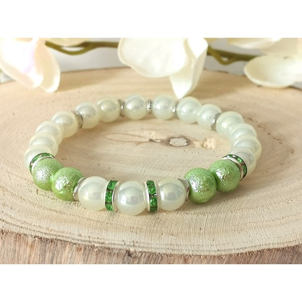 Kit bracelet perles en verre beige et verte - Photo n°1