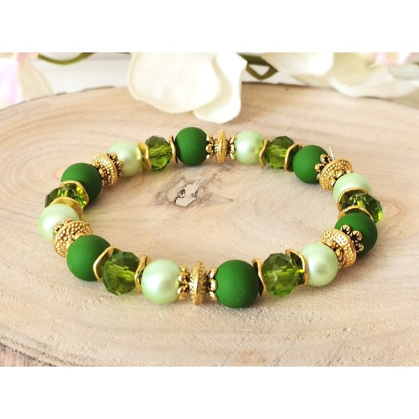Kit bracelet fil élastique perles ton vert et olive - Photo n°1