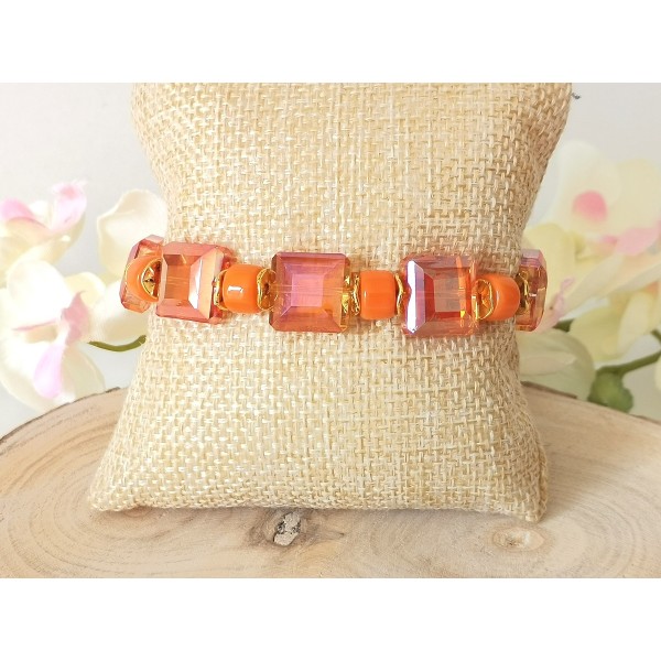 Kit bracelet fil élastique perles en verre laqué carré orange - Photo n°2