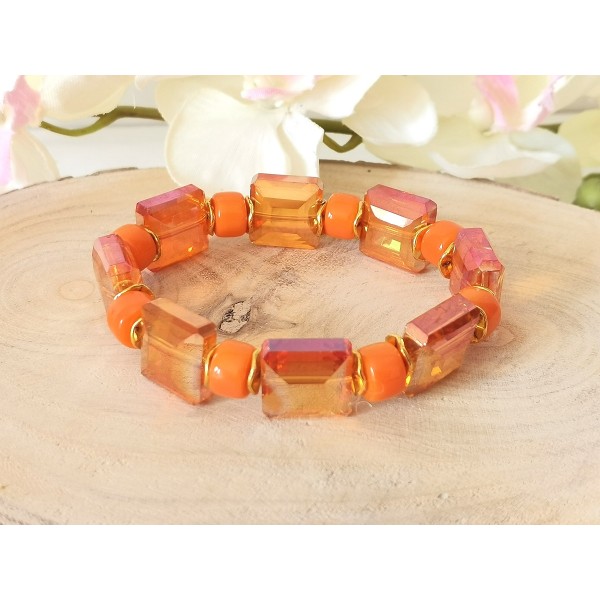 Kit bracelet fil élastique perles en verre laqué carré orange - Photo n°1