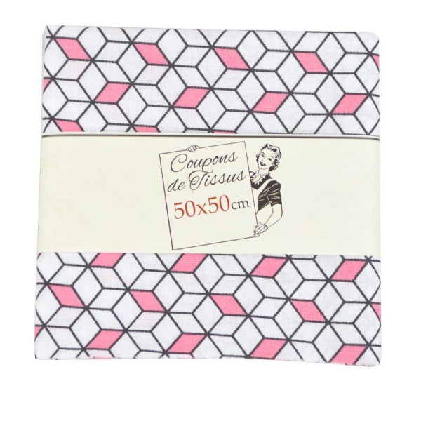 Coupon de tissu en coton 50x50 coll. Cube fraise et blanc - Photo n°1