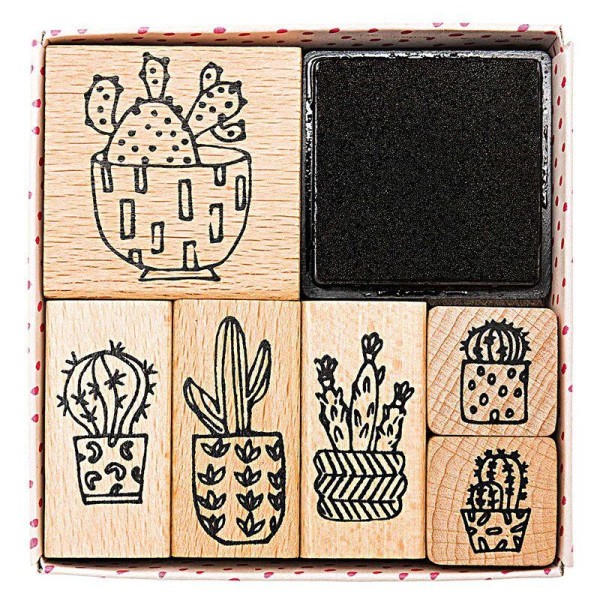 6 Tampons En Bois Avec Encreur - Cactus - Photo n°1