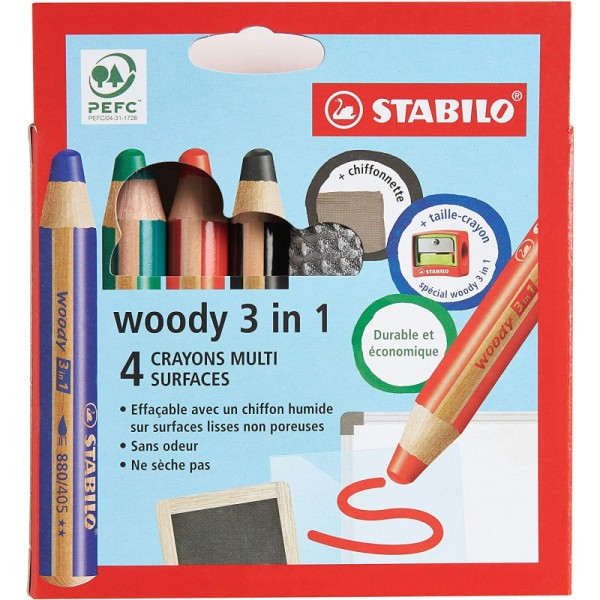 Etui carton de 4 crayons de couleur STABILO woody 3 in 1 + 1 taille-crayon + 1 chiffonnette - Photo n°1