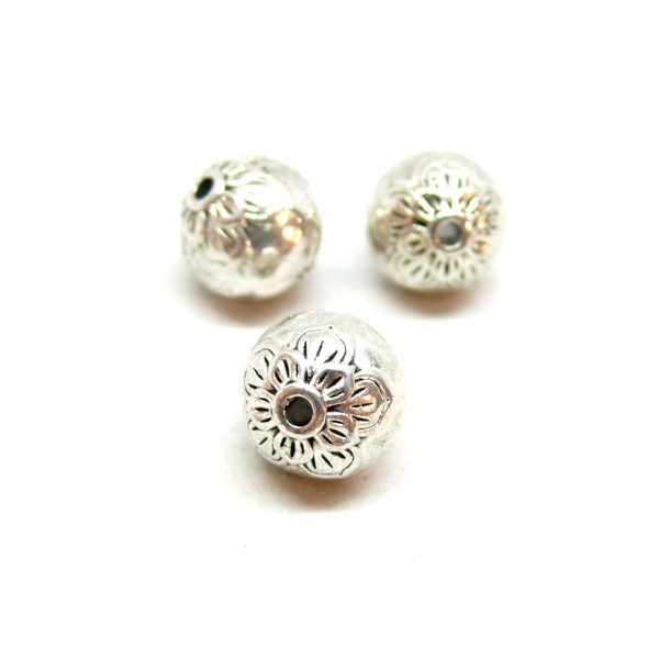 ZN63530 PAX 5 perles intercalaires Rondes, Fleur 10 mm, metal couleur Argent Antique - Photo n°1