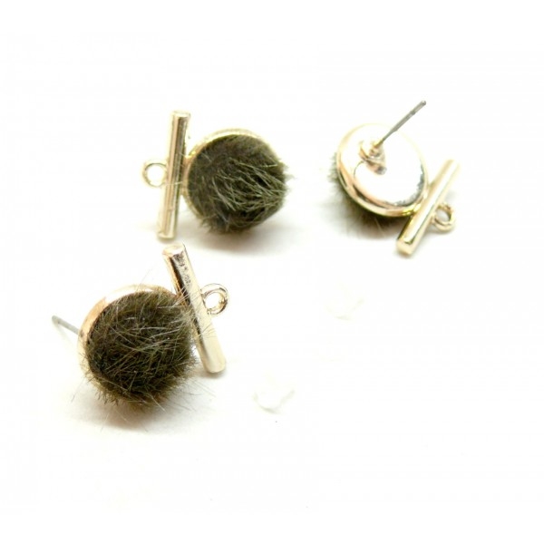 PS110118545 PAX 4 Boucles d'oreille puce à pompons Gris Kaki 12 mm avec attache métal couleur Dore - Photo n°1