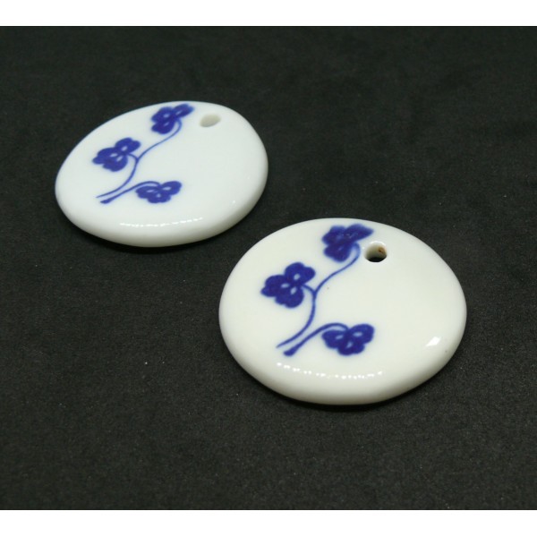 Ref A Lot 1 pendentif Céramique fait main  Rond  avec Fleur Bleue 38 mm - Photo n°1
