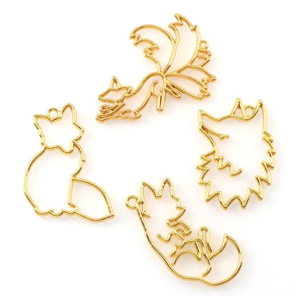 4pcs Gold Animal Fox Pendant Metal Frame pour 3d bijoux de silicone Uv moule de résine époxy, cire d - Photo n°1