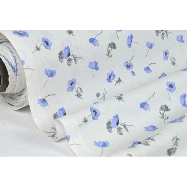 Tissu en coton coll. Coquelicots bleu laize 140 cm - vendu par 10 cm - Photo n°1