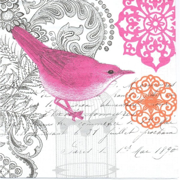 4 Serviettes en papier Oiseau rose Format Lunch Decoupage Decopatch 133-1178 PPD - Photo n°1