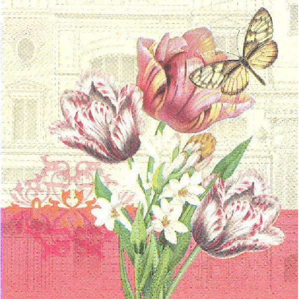 4 Serviettes en papier Tulipes Papillon Format Cocktail Decoupage Decopatch 7732 PPD - Photo n°1