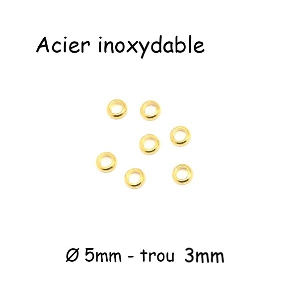 10 Perles Rondelle 5mm En Acier Inoxydable Doré À Gros Trou 3mm - Photo n°1