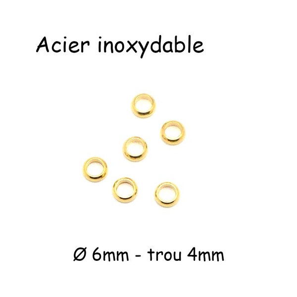 5 Perles Rondelle 6mm En Acier Inoxydable Doré - À Gros Trou 4mm - Photo n°1