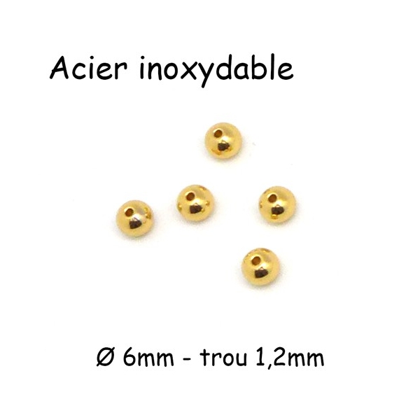 5 Perles Ronde 6mm En Acier Inoxydable Doré - Trou De 1,2mm - Photo n°1