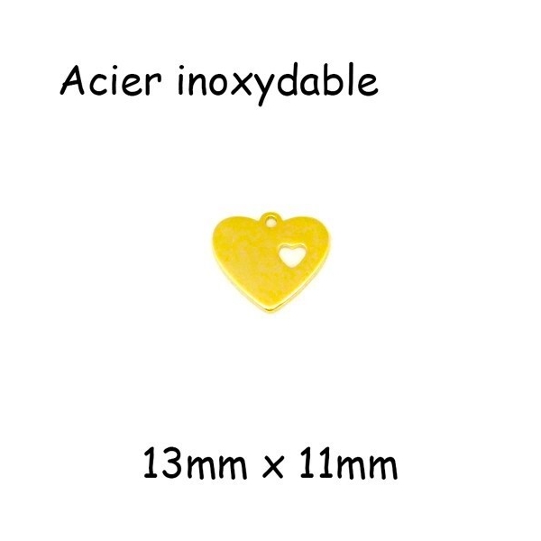 2 Breloques Coeur Avec Coeur Évidé En Acier Inoxydable Doré - 13mm X 11mm - Photo n°1