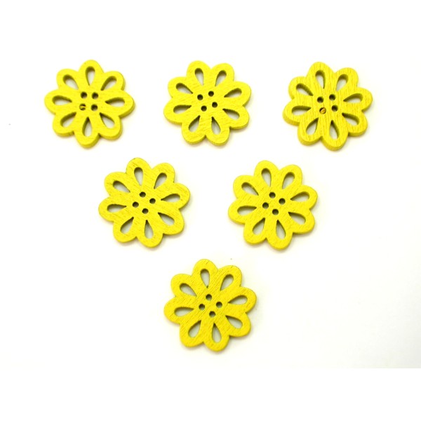 LOT 6 BOUTONS BOIS : fleur marguerite jaune 20mm - Photo n°1