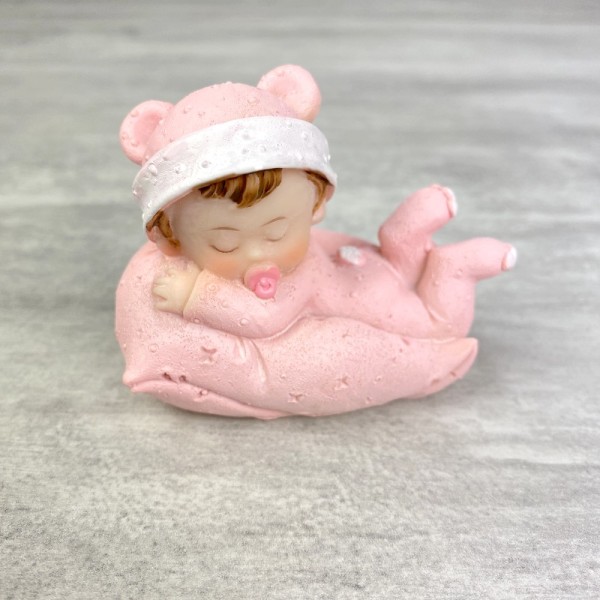 Bébé Fille sur Coussin rose, dim. 7,6 x 6 cm, figurine en Résine pour Babyshower, baptême - Photo n°1