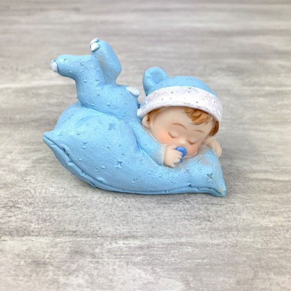 Bébé garçon sur Coussin bleu, dim. 7,6 x 6 cm, figurine en Résine pour Baby shower, baptême - Photo n°3