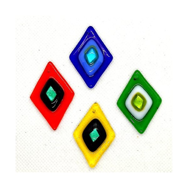 4 Pendentifs en verre - vert - bleu - rouge et jaune - 40x27mm - S - Photo n°1
