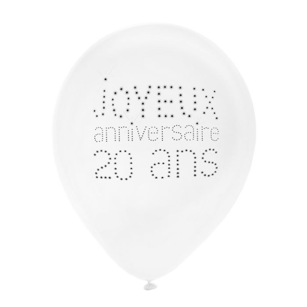 Ballon joyeux anniversaire Blanc 20 ans x 8 - Photo n°1