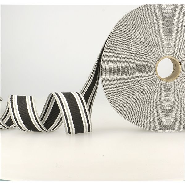Bobine 20m sangle rayures tricolore noir gris blanc 30mm - Photo n°1