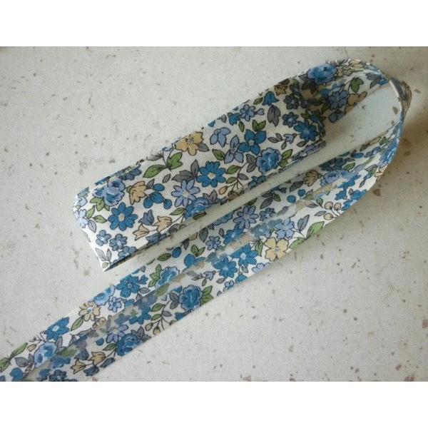 Biais 20 mm fleuri liberty bleu crème FrouFrou - voile coton fin japonais  - vente au mètre - Photo n°1