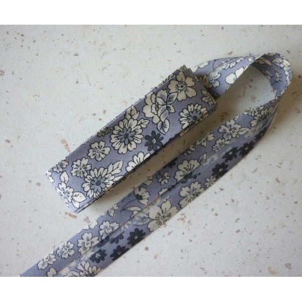 Biais 20 mm gris bleuté fleuri liberty FrouFrou voile coton japonais fin - Au Mètre - Photo n°1