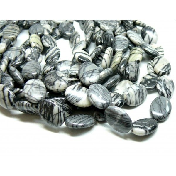 Lot d' environ 19 cm de perles plates Ovale 12 par 18mm Jaspe Toile Araignée - Photo n°1