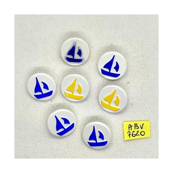 7 Boutons en résine blanc jaune bleu - bateau - 18mm - ABV7620 - Photo n°1