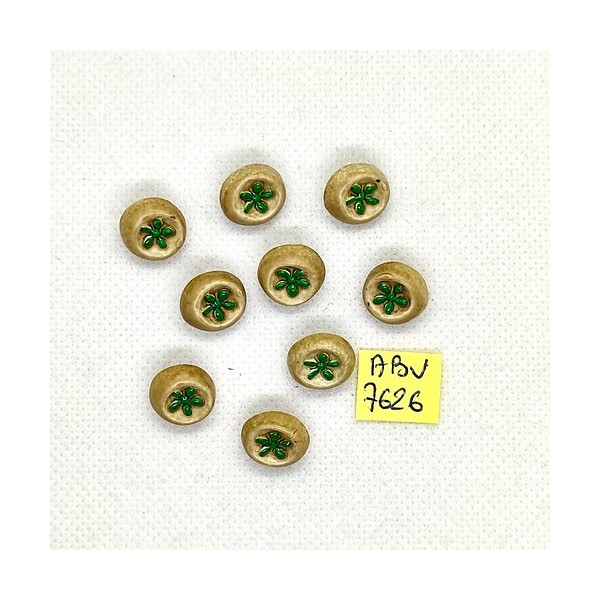 9 Boutons en résine beige et vert - petite fleur - 13mm - ABV7626 - Photo n°1