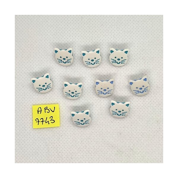 10 Boutons chat en résine blanc et bleu- 12x12mm - ABV7743 - Photo n°1