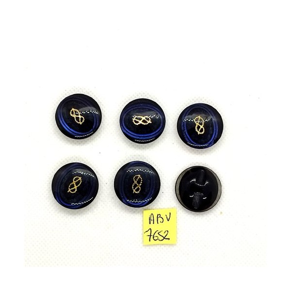 6 Boutons en résine bleu foncé transparent et doré - 22mm - ABV7652 - Photo n°1