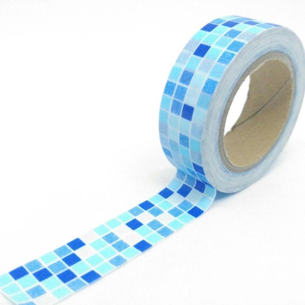Washi tape carreaux de piscine 10mx15mm bleu et blanc - Photo n°1